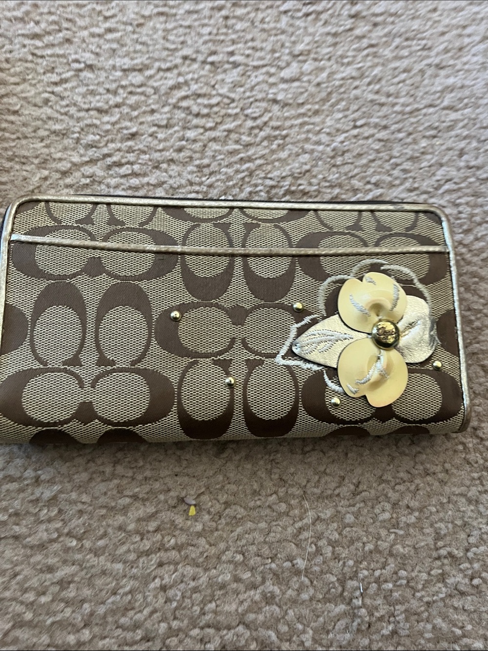 Coach Beige Signature Canvas Wristlet with Yellow Floral Applique